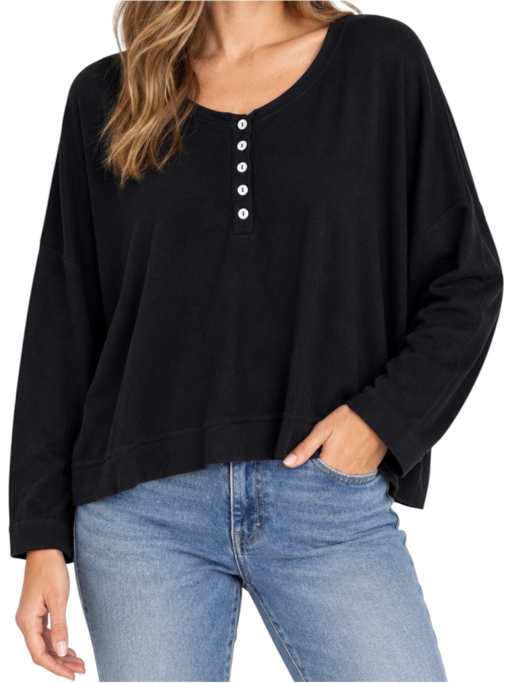 POL Clothing Black Henley Top Women’s Medium Oversized Boxy Long Sleeve